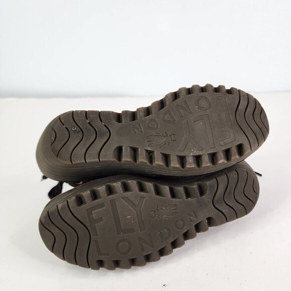 FLY London Yebi Espresso Suede Ruched Ankle Boots with Tie EU 40 US 10 Wedge - Picture 12 of 15